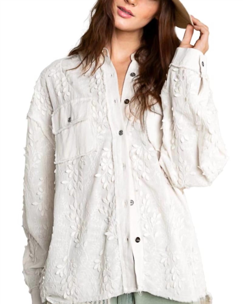 Front of a model wearing a size L Legend Shirt in Off White in Off White by POL. | dia_product_style_image_id:327355
